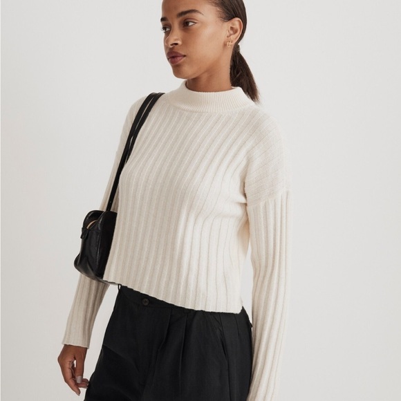 Madewell Antique White Ribbed Wool Blend Funnel Neck Cropped Sweater NM625 Small - Picture 1 of 13